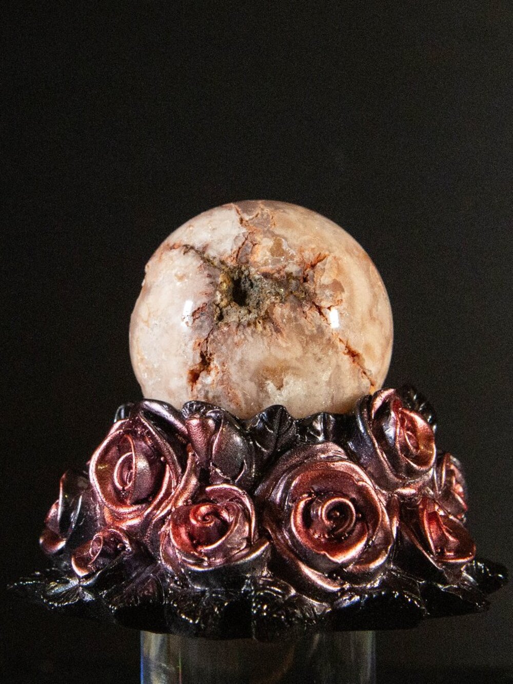 INVESTMENT GRADE Pink Amethyst Flower Agate Druzy Sphere + Rose Stand Set